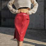 Russian Leather Midi Skirt PU Outer Belt Lining Side Zipper Back Zipper Design Sheath Women's Summer Side Slit Skirt - EX-STOCK Canada