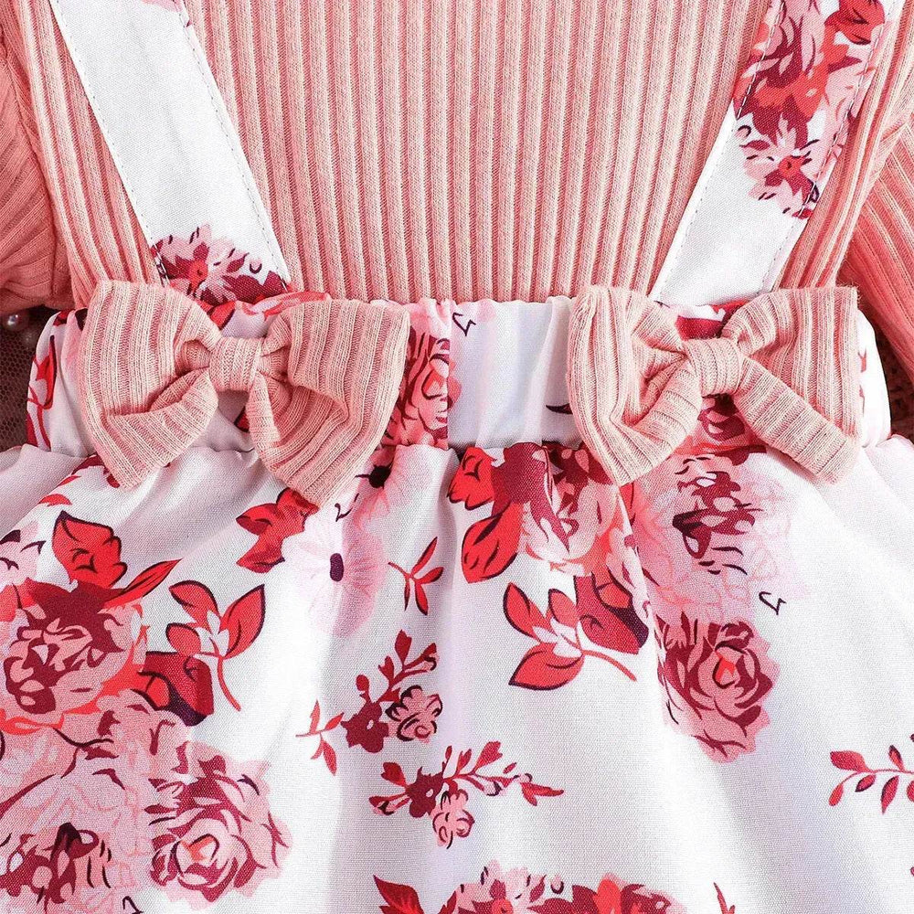 Latest Popular Sweet Long Sleeve pink Romper White Floral Suspender Skirt two piece for baby girls - EX-STOCK Canada