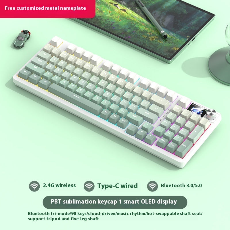 Mechanical keyboard with RGB lighting on a light green surface, featuring text about connectivity options and features.