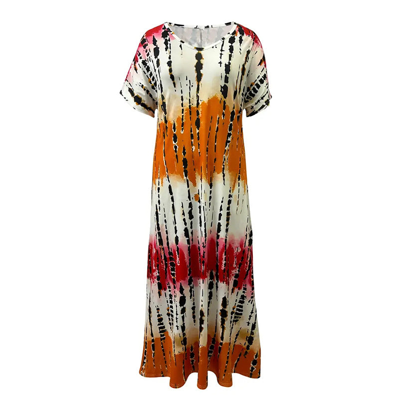 Women's Summer Tie Dye Maxi Dress Short Sleeve V Neck Casual Loose Long Split Dresses EX-STOCK