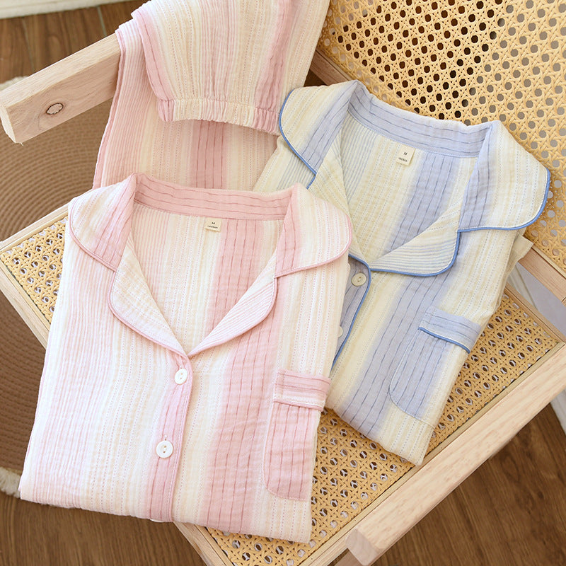 Cotton Yarn Dream Striped Pajama Set – Long Sleeve Top & Trousers | Blue & Pink
