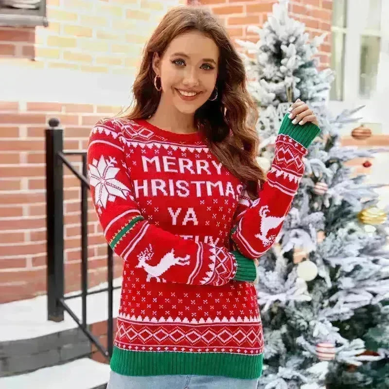Women's Christmas Sweater Reindeer Xmas Snowflake Christmas Tree Patterns Knitted Sweater Long Sleeve Elk Letter Printed Pullover - EX-STOCK CANADA