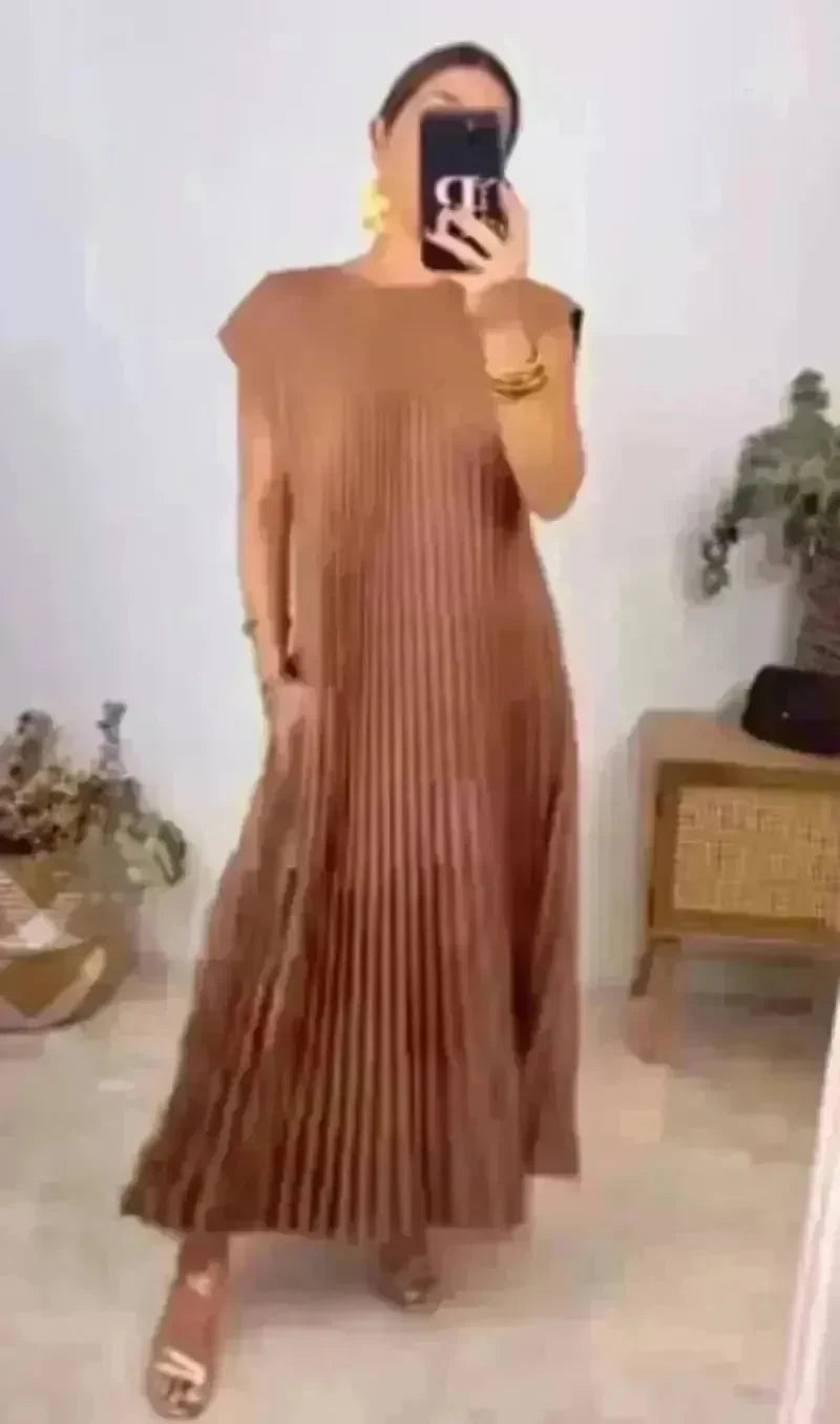 Women Summer Pleated Maxi Dress Casual Short Sleeve Crewneck Flowy Swing Long Dress with Pockets - EX-STOCK CANADA