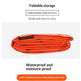 An orange foldable PE aluminum film storage bag shown on a white marketing graphic with text highlighting its foldable storage, compact size, and waterproof, moisture-proof properties.