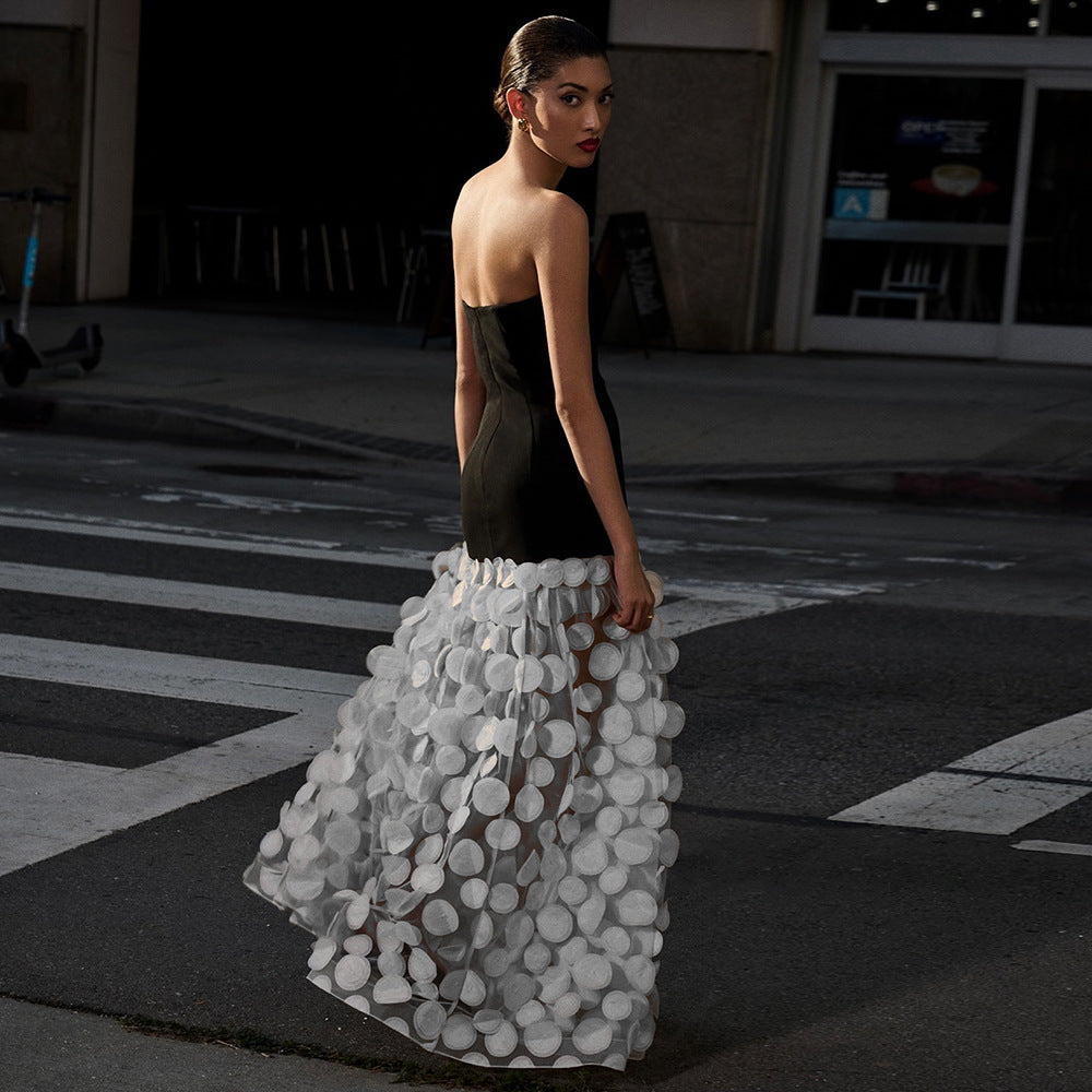 Black And White Tube Top Three-dimensional Flower Pettiskirt Dinner Dress EX-STOCK Canada 