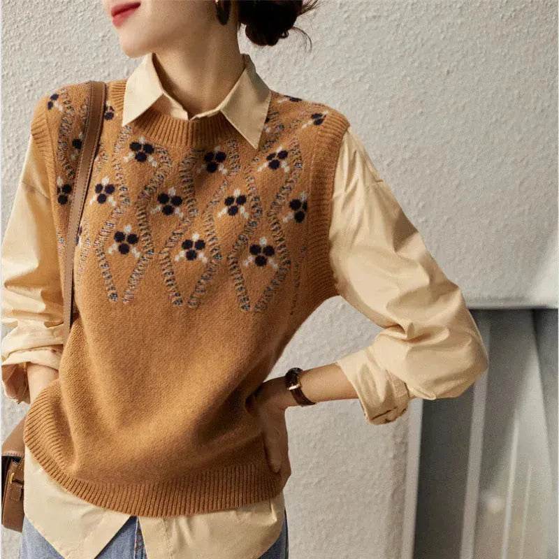 Cashmere Jacquard Sleeveless Round Neck Knitted Sweater Vest for Women - EX-STOCK Canada