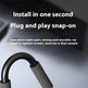Close-up of a black and gray snap-on lock or latch component with marketing text reading 'Install in one second Plug and play snap-on' and 'One-piece main part, strong and durable, no need to tighten screws, exercise is that simple' on a dark gradient background.