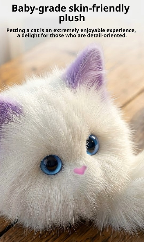 A close-up of a white faux-fur cat plush toy with purple ears, large blue eyes, and a small pink nose, resting on a wooden surface. Text at the top reads 'Baby-grade skin-friendly plush' and 'Petting a cat is an extremely enjoyable experience, a delight for those who are detail-oriented.