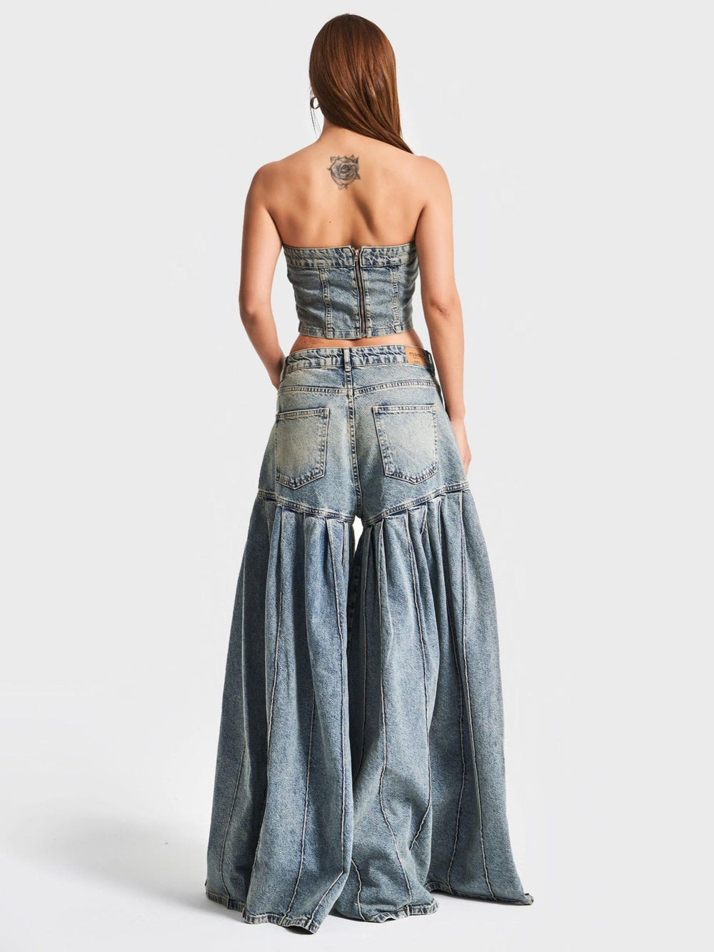 Strapless Denim Lace-Up Corset Crop Top & Balloon Wide-Leg Pants Set – Washed Blue Denim | Sizes S–2XL