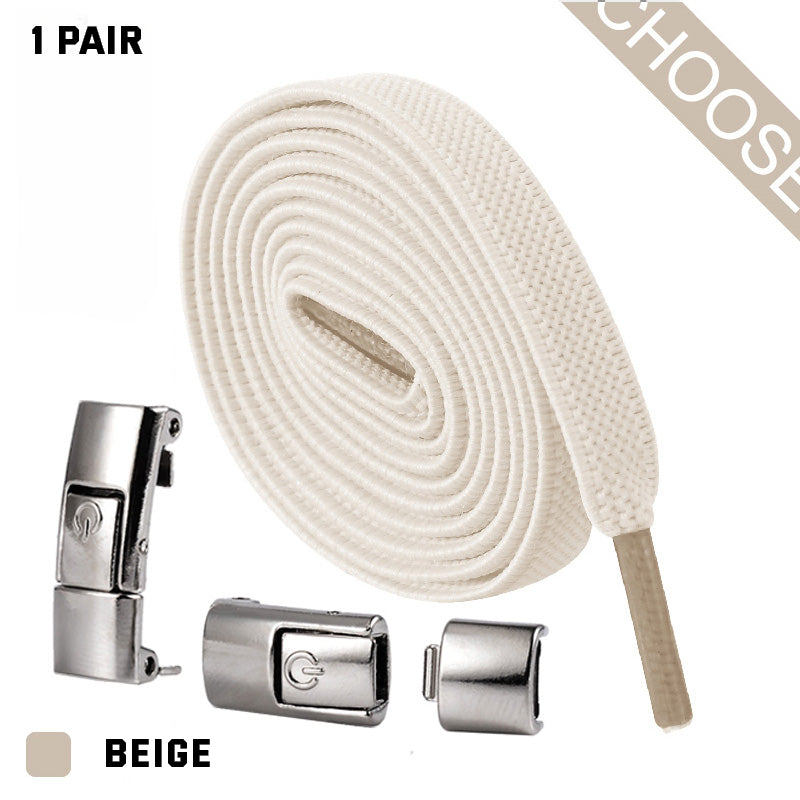 Beige shoelace set with metal lace locks on a white background