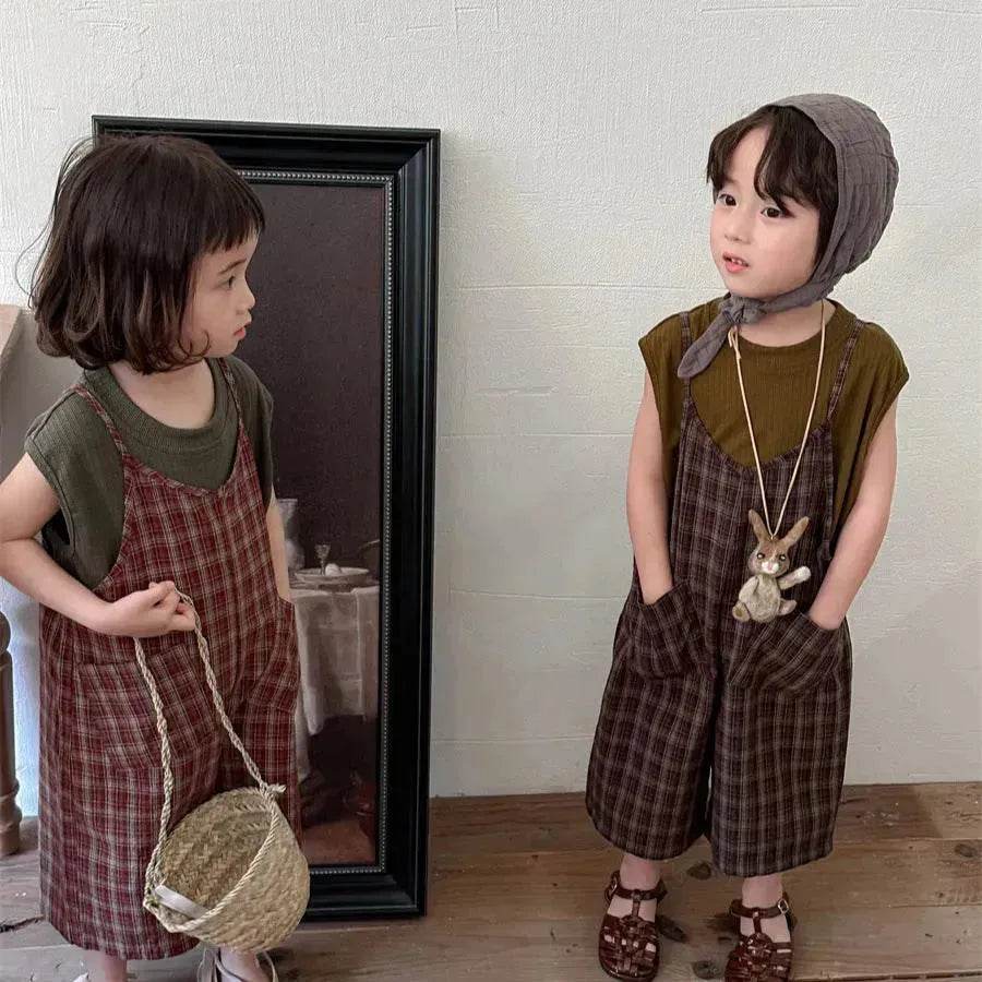 Summer Children's Plaid Overalls boy And girl Baby Unisex Mori Style Retro Jumpsuit Straight-leg Pants - EX-STOCK Canada