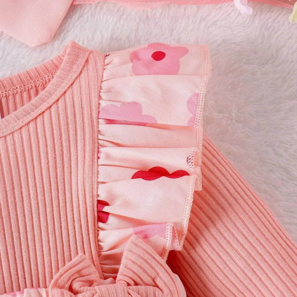 One-piece Romper Pants Bow Headdress Suit Baby girl casual pink romper with head bowtie - EX-STOCK Canada