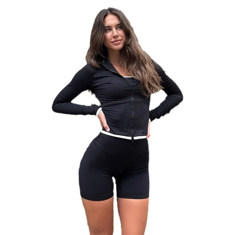 American Street Workout Clothes Suit Zipper Cardigan Long Sleeve Top Suspender Shorts - EX-STOCK CANADA