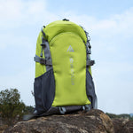 Green and gray backpack on a rock with a blurred natural background