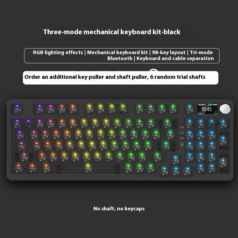 Three-mode mechanical keyboard kit with RGB lighting effects on a black background