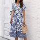 Puff Sleeve dress V Neck Blue Floral Bohemian Midi Dress EX-STOCK