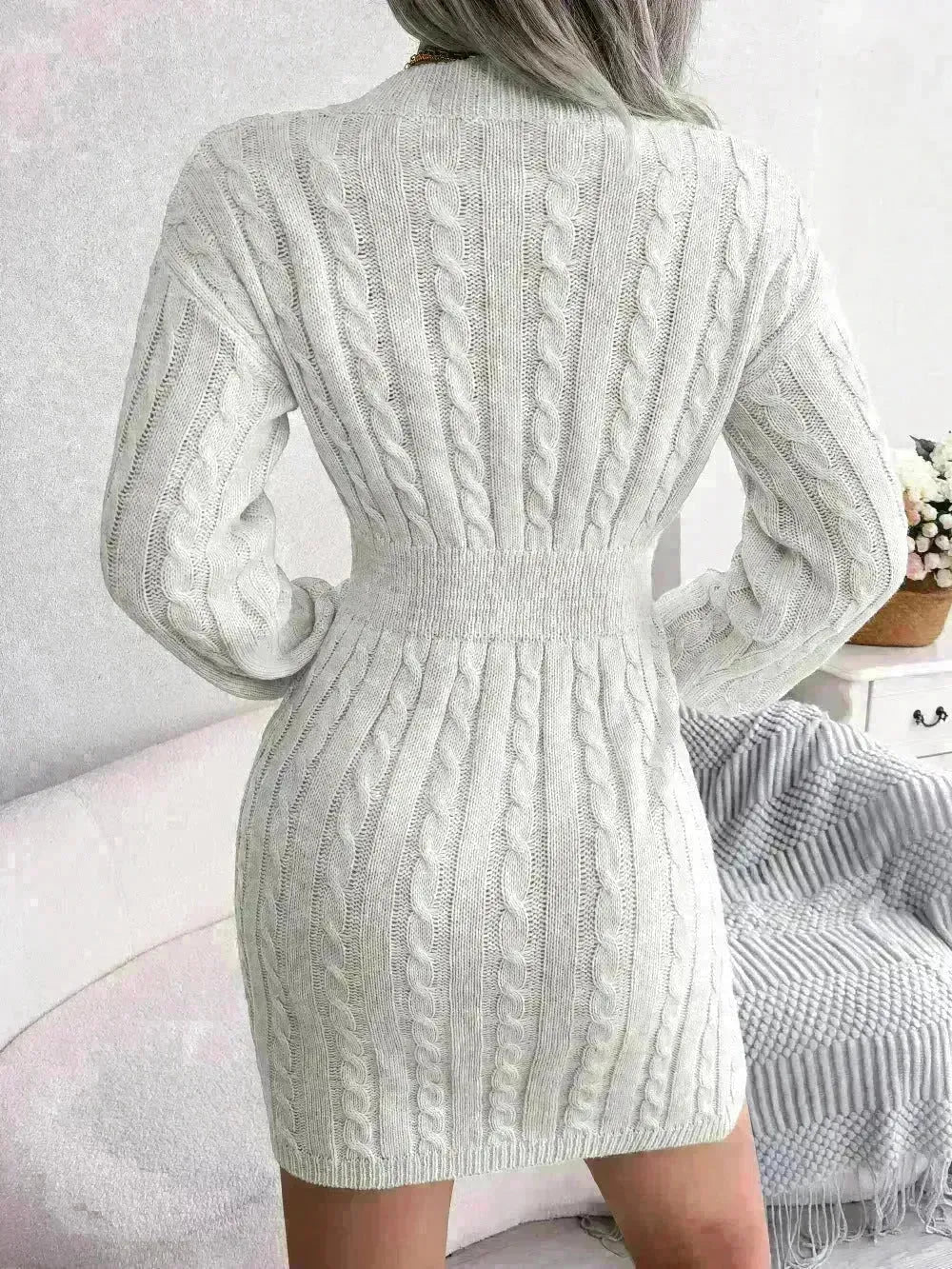 Solid Color V-Neck Long Sleeve Slim fit Winter Knit Mini  sweater Dress Slim - EX-STOCK CANADA