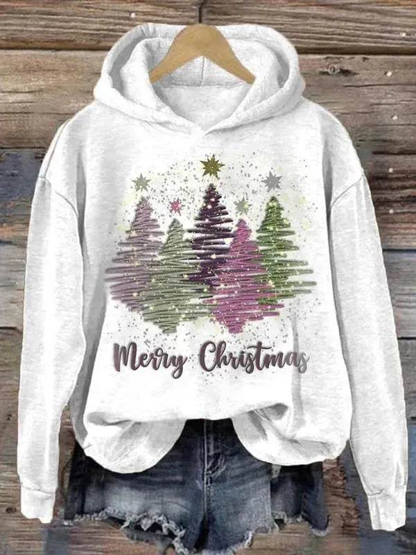 Round Neck Hooded Long Sleeve Four Christmas Trees Loose Hoodie Sweatshirt - EX-STOCK Canada