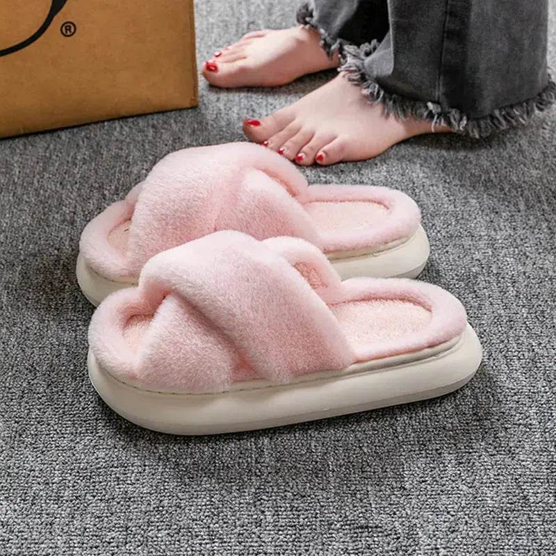 Women's Platform Fuzzy Home Slippers Winter Open Toe Criss-cross Solid Color Casual Floor Slides Indoor Flat Comfy House Shoes - EX-STOCK Canada