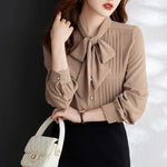 Women neck tie Chiffon Long Sleeve Shirt For work - EX-STOCK CANADA