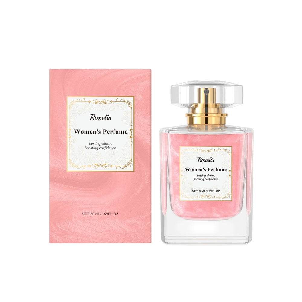 Bouteille de parfum pour femme Rovaris et emballage sur fond blanc