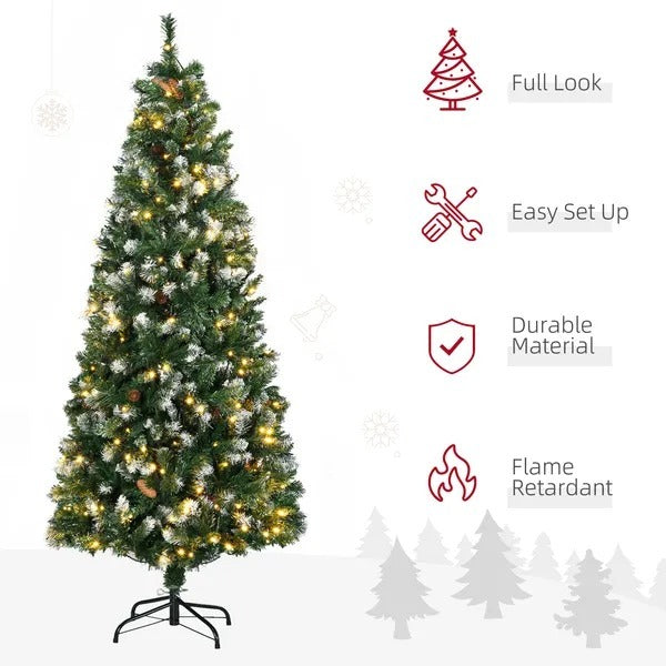 6' Decorated Christmas Trees, Skinny Prelit Artificial Christmas Tree With Snow-dipped Branches, Auto Open, Pinecones EX-STOCK Canada 