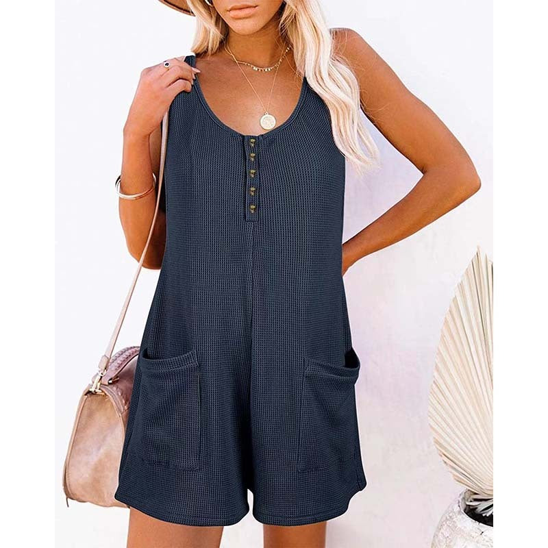 Women's Button Front Romper Jumpsuit With Pockets Casual Solid Color Sleeveless Summer Jumpsuit EX-STOCK