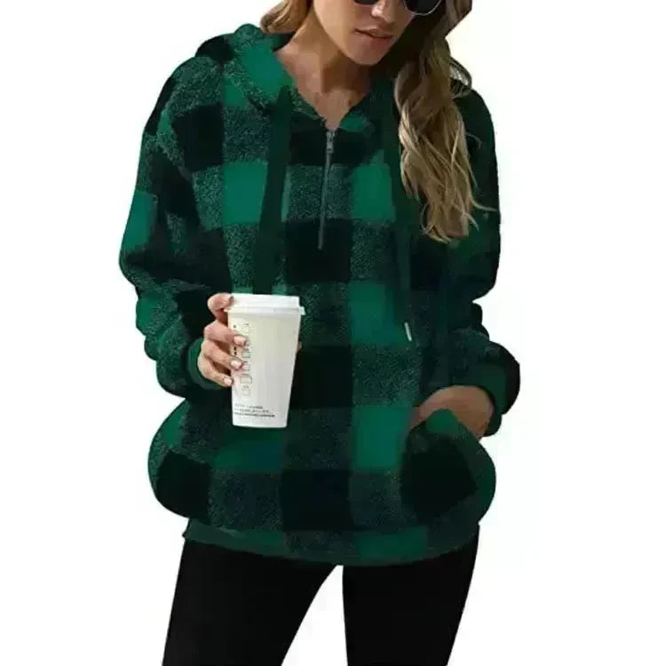 Casual Thick Fleece Plush half zip Plaid Hoodie Pullover top for women - EX-STOCK CANADA