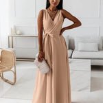 V-neck Sleeveless Dress With Belt Summer Fashion. - EX-STOCK Canada