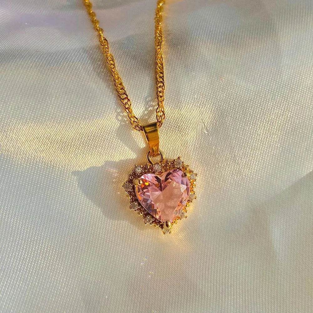 Colorful Rhinestones Heart-shped Necklace Love Gold Clavicle Chain Ins Personalized Jewelry For Women Valentine's Day - EX-STOCK Canada