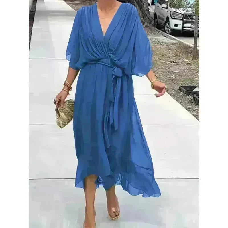 Batwing Sleeve V-neck Dress Summer Pure Color Tied Irregular Wrap Midi Dresses for Women - EX-STOCK CANADA