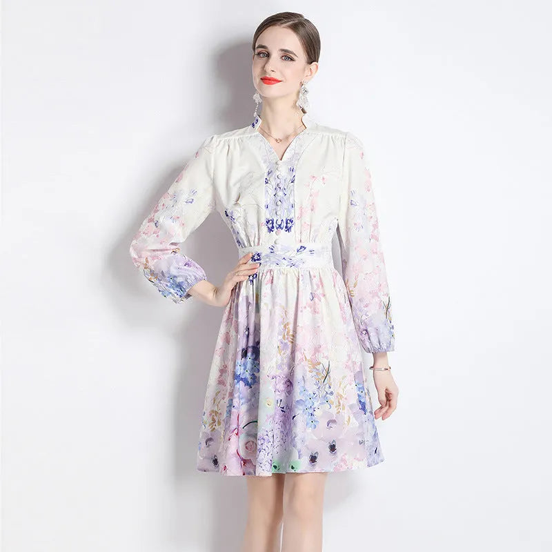 Elegant V-neck Vintage Floral Print Long Sleeves Dress Spring - EX-STOCK CANADA