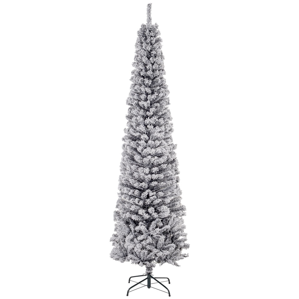 7.5ft Flocked Christmas Tree, Pencil Christmas Tree With Realistic Branch Tips, Folding Metal Stand, Black EX-STOCK Canada 