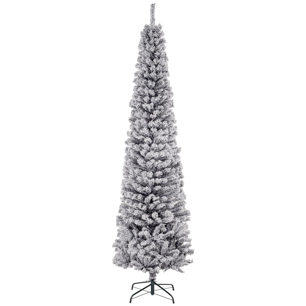 7.5ft Flocked Christmas Tree, Pencil Christmas Tree With Realistic Branch Tips, Folding Metal Stand, Black EX-STOCK Canada 
