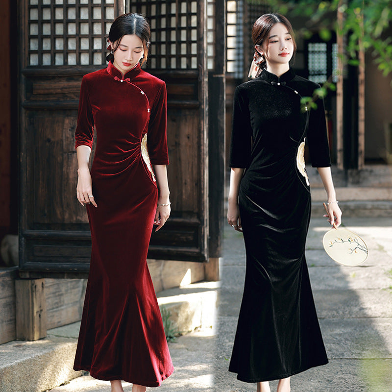 Improved Chinese-style Velvet Embroidered Dress Slim Dress EX-STOCK Canada 