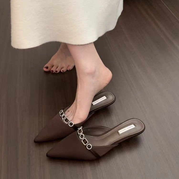 Women's French Style Satin Slide Sandals, Sparkling Rhinestone Embellished Pointed Toe Low Heel Slip-On Mules, 2025 Summer New Collection, High-end Outdoor Wear 