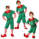 Three people wearing green elf costumes with red accents on a white background