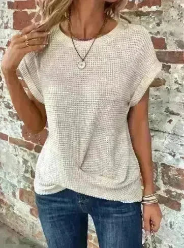 Casual Summer Short-sleeved Waffle blouse Top Summer New Solid Color Casual Evening Top For Women - EX-STOCK CANADA