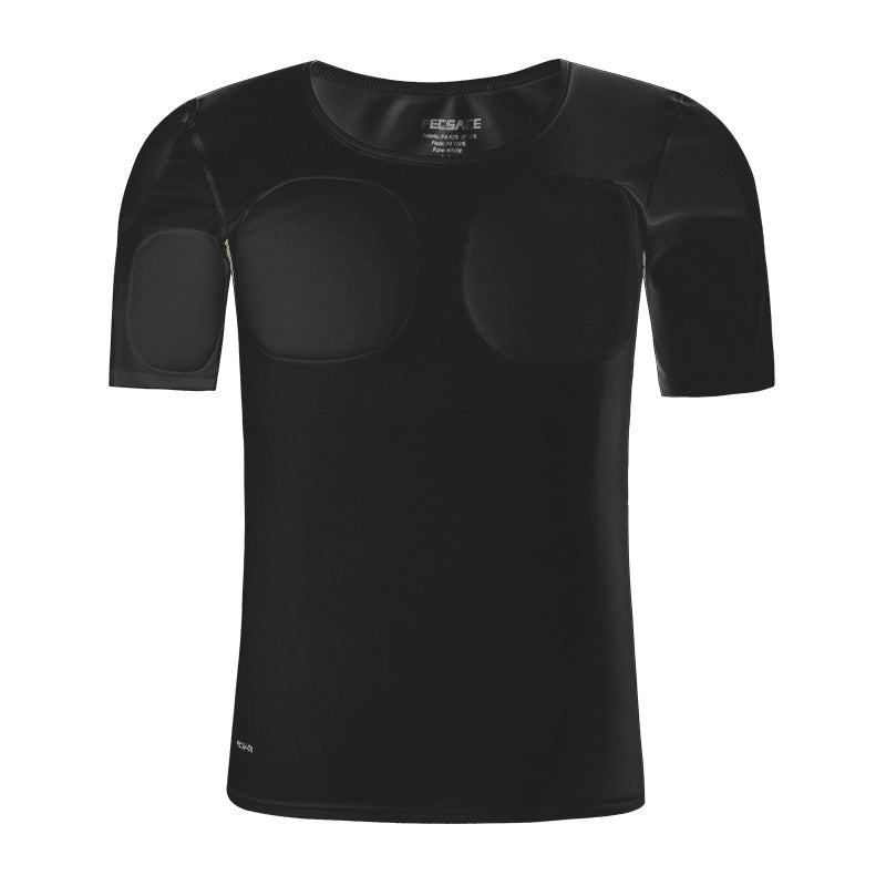 Black compression shirt with shoulder pads on a white background