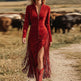 Women's Zip-Front Western Fringe Dress – Red, Black & Brown | S–3XL