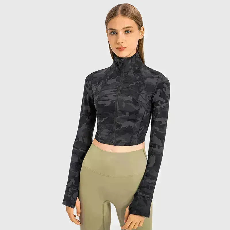 Autunno e inverno Nuovo elastico elastico Slim-Fit High Neck Zip Up Yoga Crop Top