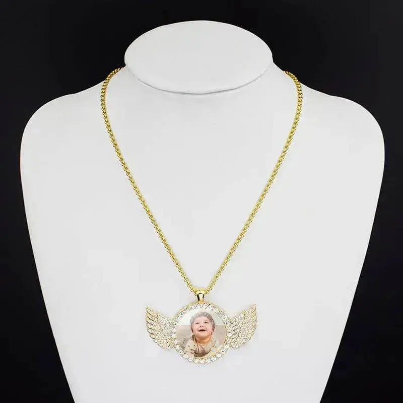 Angel Wings Medallions Custom Photo Pendant Necklace For Men Hip Hop Jewelry Iced Out Pendant Custom Engraved Name Memory Gift - EX-STOCK Canada