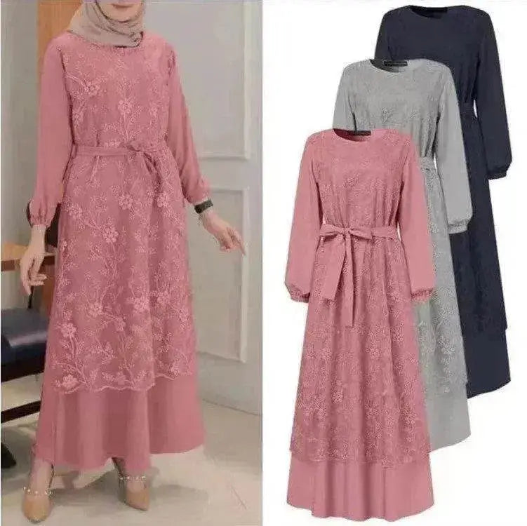 Arab Round Neck Lace Floral Dress - EX-STOCK Canada