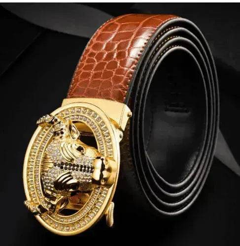 Automatic Buckle Leather With Diamond-studded Pattern Bull Head Belt - EX-STOCK Canada