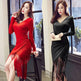 Autumn and winter women V-neck long-sleeved tassel bag hip slim slimming dress - EX-STOCK Canada