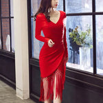Autumn and winter women V-neck long-sleeved tassel bag hip slim slimming dress - EX-STOCK Canada