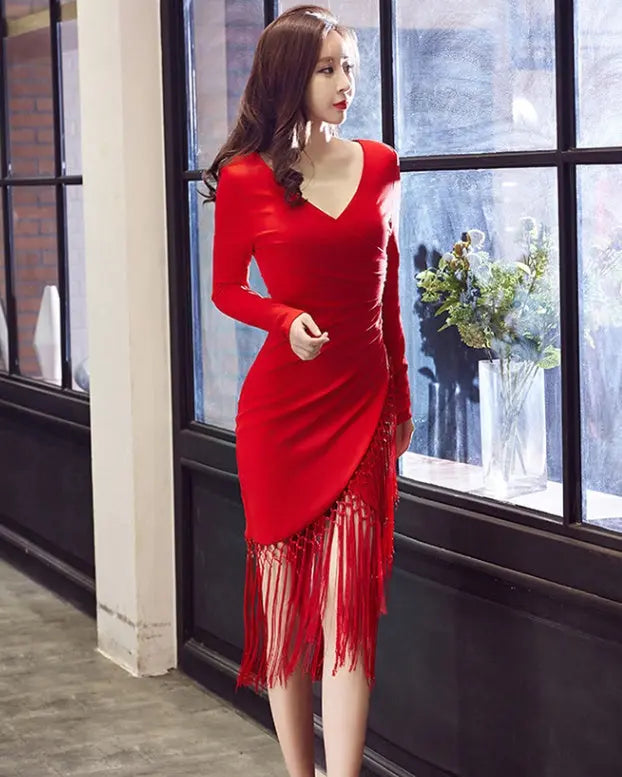 Autumn and winter women V-neck long-sleeved tassel bag hip slim slimming dress - EX-STOCK Canada