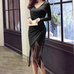Autumn and winter women V-neck long-sleeved tassel bag hip slim slimming dress - EX-STOCK Canada