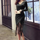 Autumn and winter women V-neck long-sleeved tassel bag hip slim slimming dress - EX-STOCK Canada