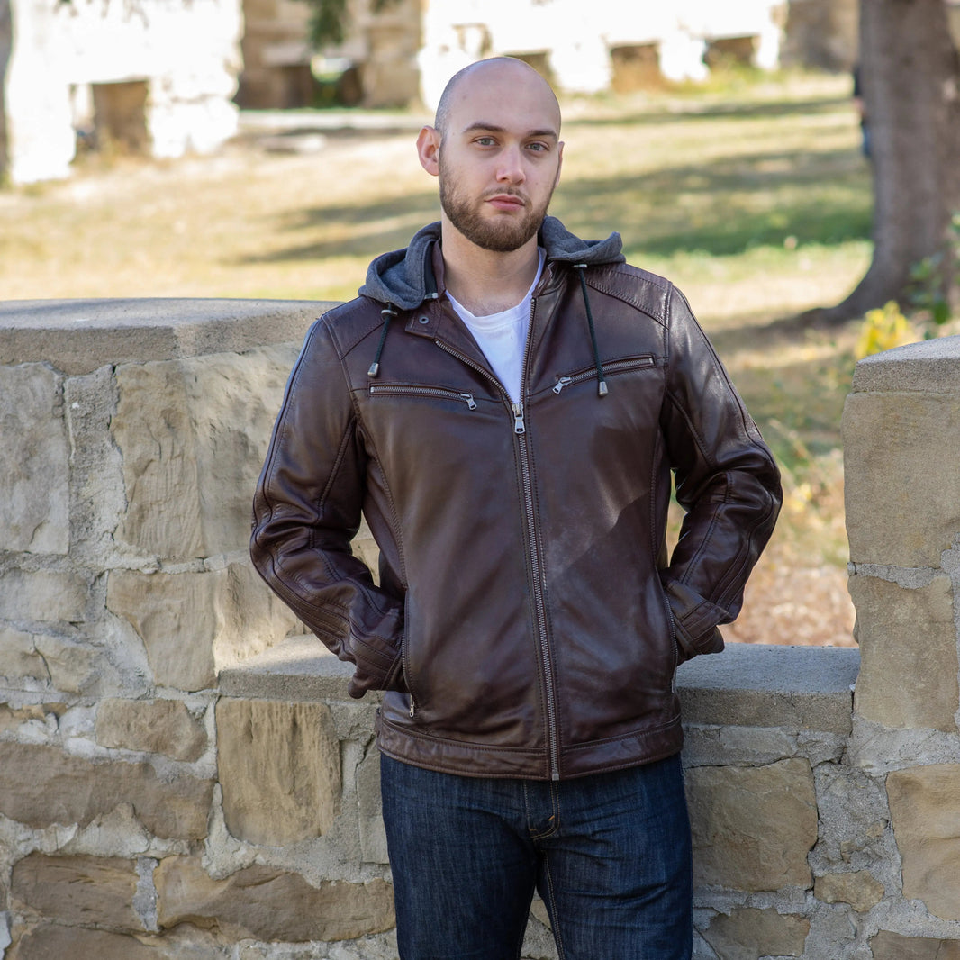 BOL Herren Lederjacke mit Kapuze und DruckknopfkrauseEX-STOCK Canada 